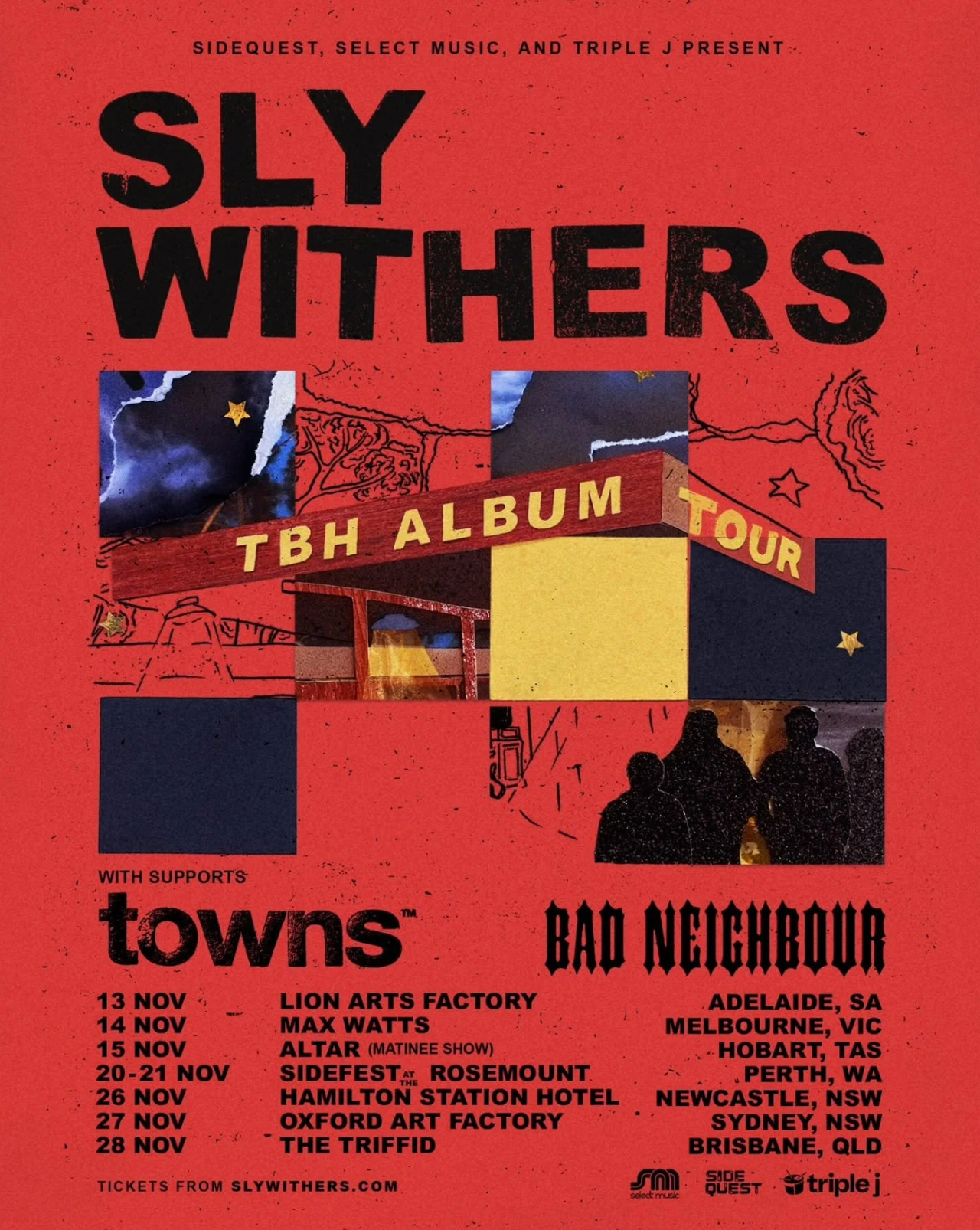 Red Sly Withers TBH Album Tour poster with support from TOWNS and Bad Neighbour listing Australian concert dates.